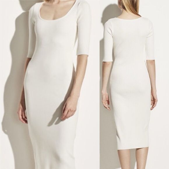 Vince | Ribbed Elbow Sleeve Scoop Neck MIDI Dress Size L - Picture 14 of 14